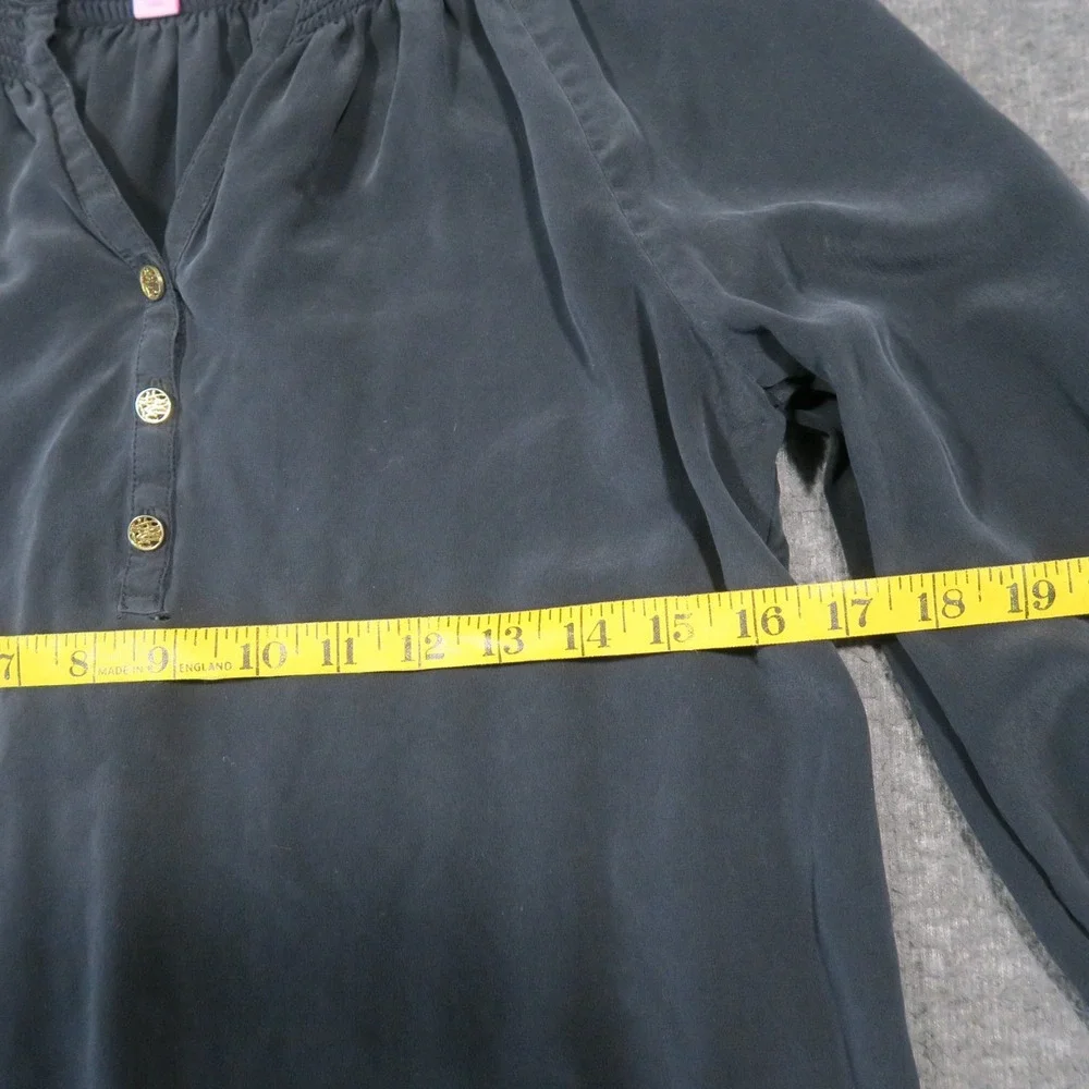 Lilly Pulitzer Silk Elsa Top S Black Puff Sleeve Split‎ V-Neck Buttons Luxury
